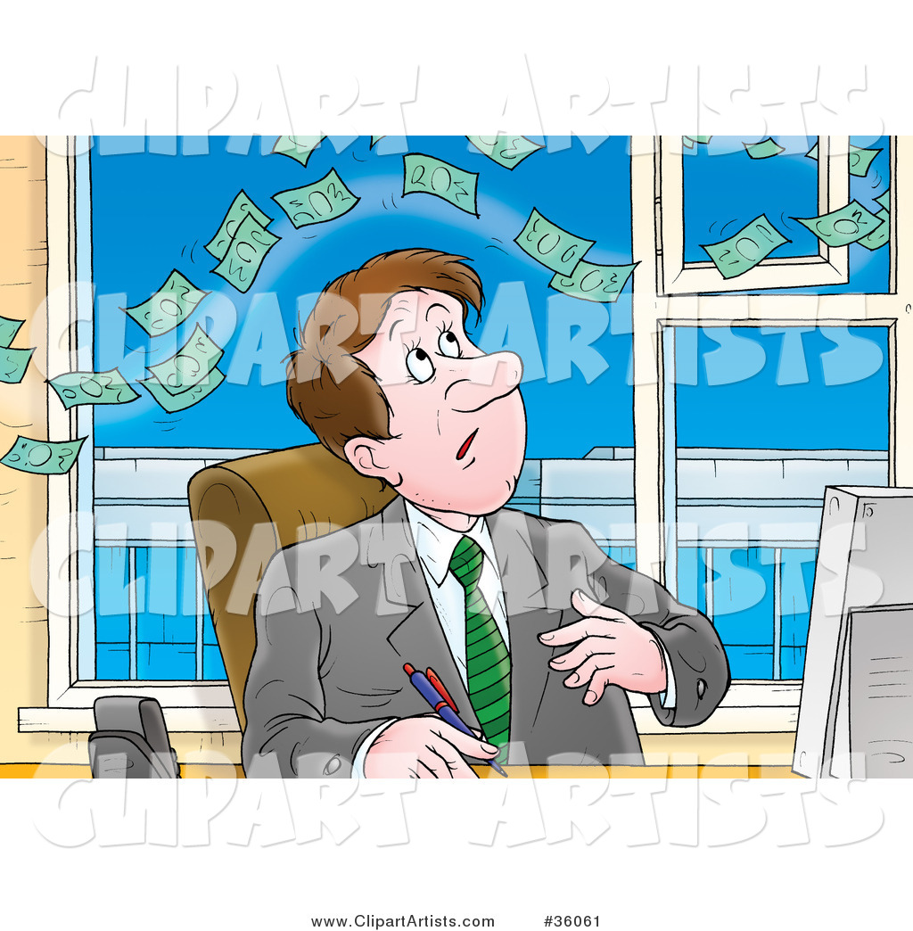 Money Floating Above a Businessman at His Desk