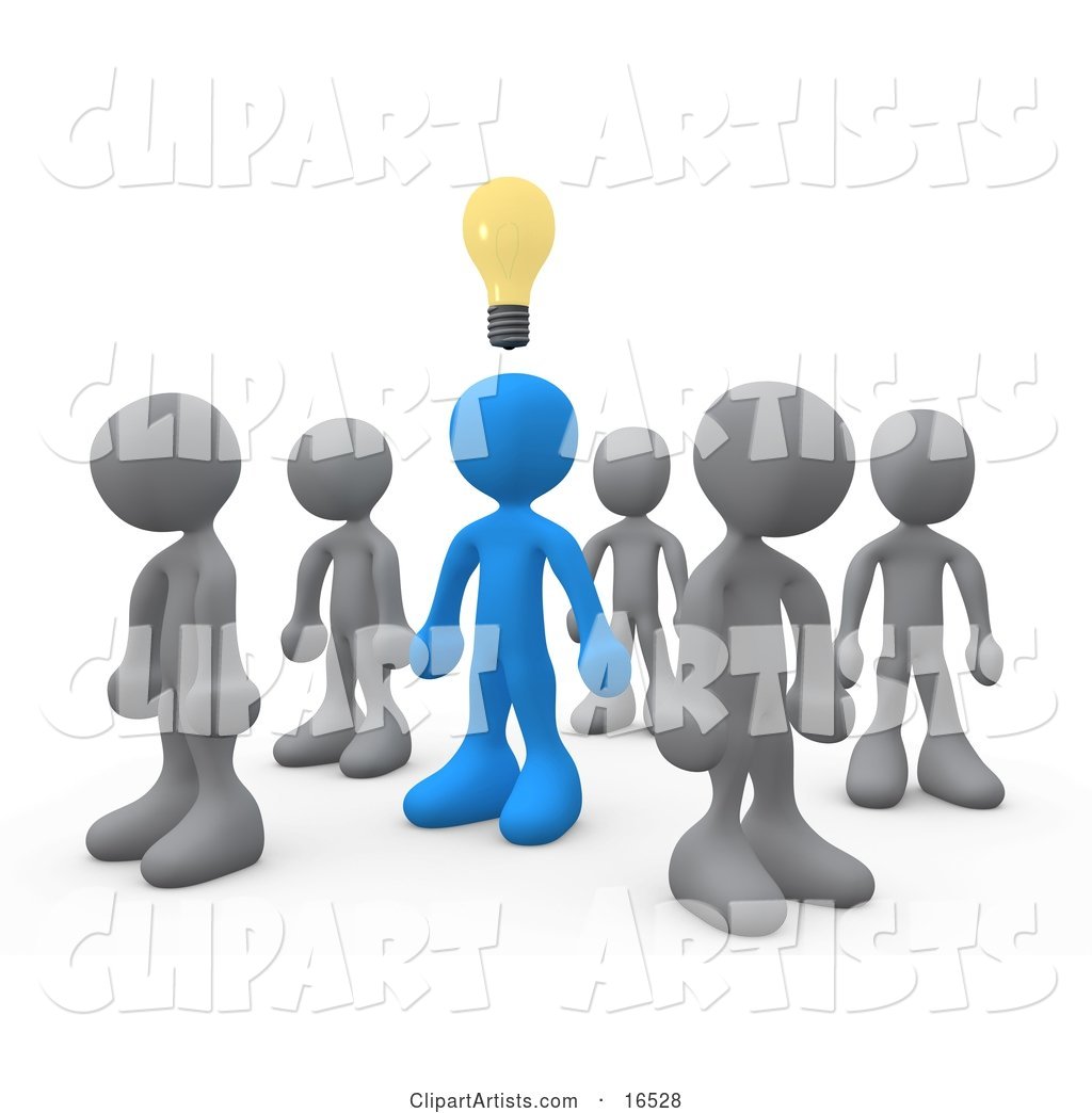 One Blue Person in a Group of Gray People, Thinking up a Creative Idea, with a Lightbulb over His Head