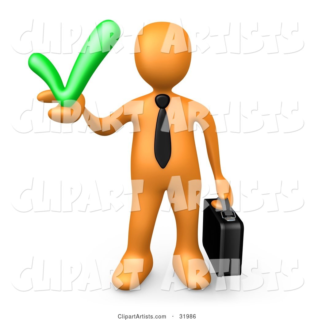 Orange Business Man Carrying a Briefcase and Holding a Green Check Mark, Symbolizing Solutions and Approval