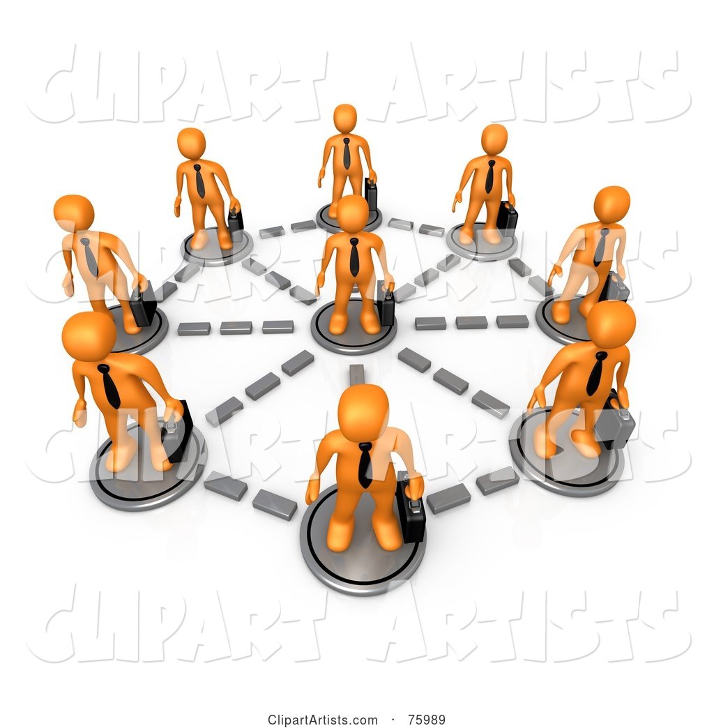 Orange Business Men with Briefcases, Standing in a Network Circle