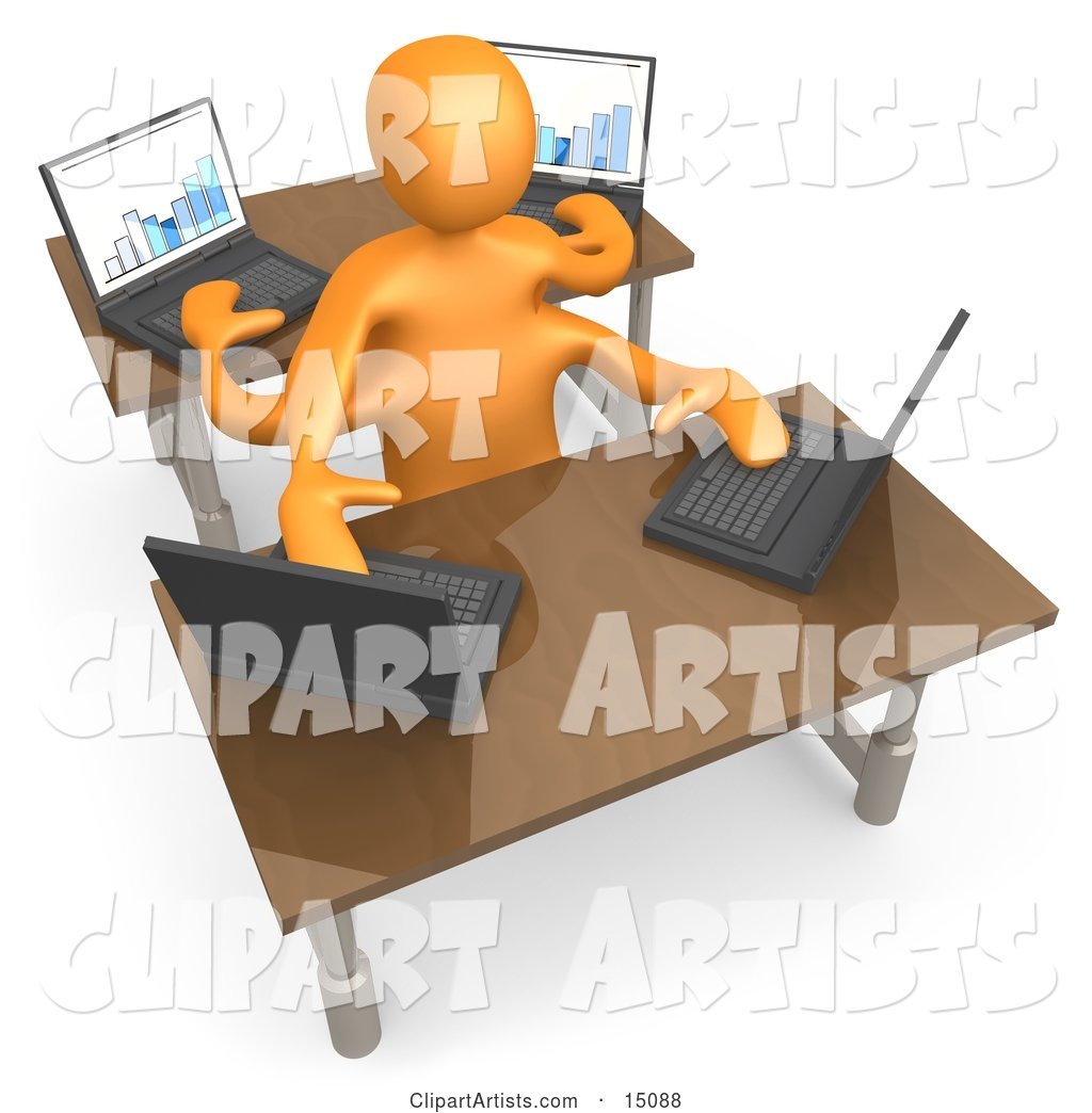 Orange Employee Multitasking While Operating Four Laptop Computers at Two Different Desks in an Office
