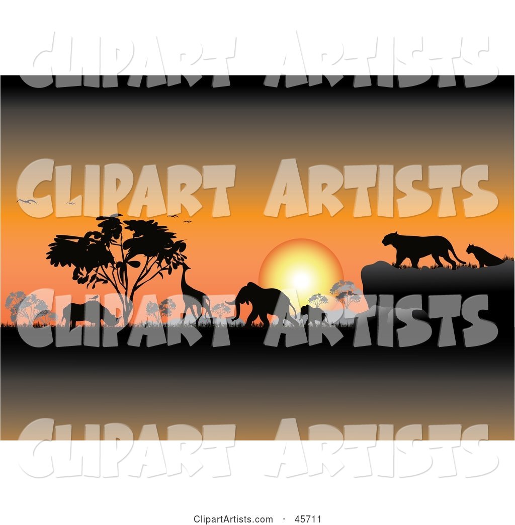 Orange Safari Sunset Silhouetting Animals and Trees