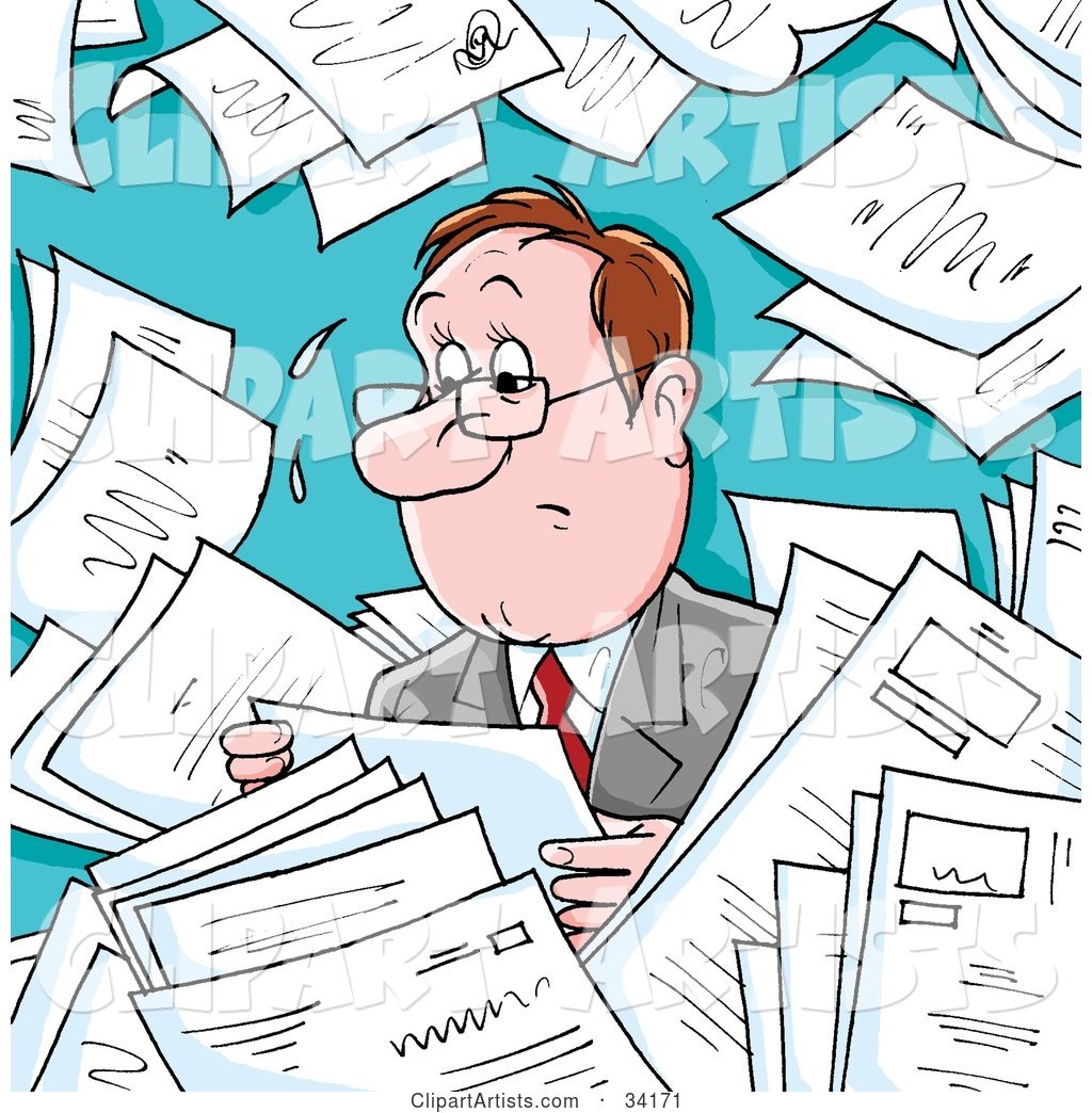 Overwhelmed and Sweaty Businessman Surrounded by Memos, Paperwork or Employment Applications