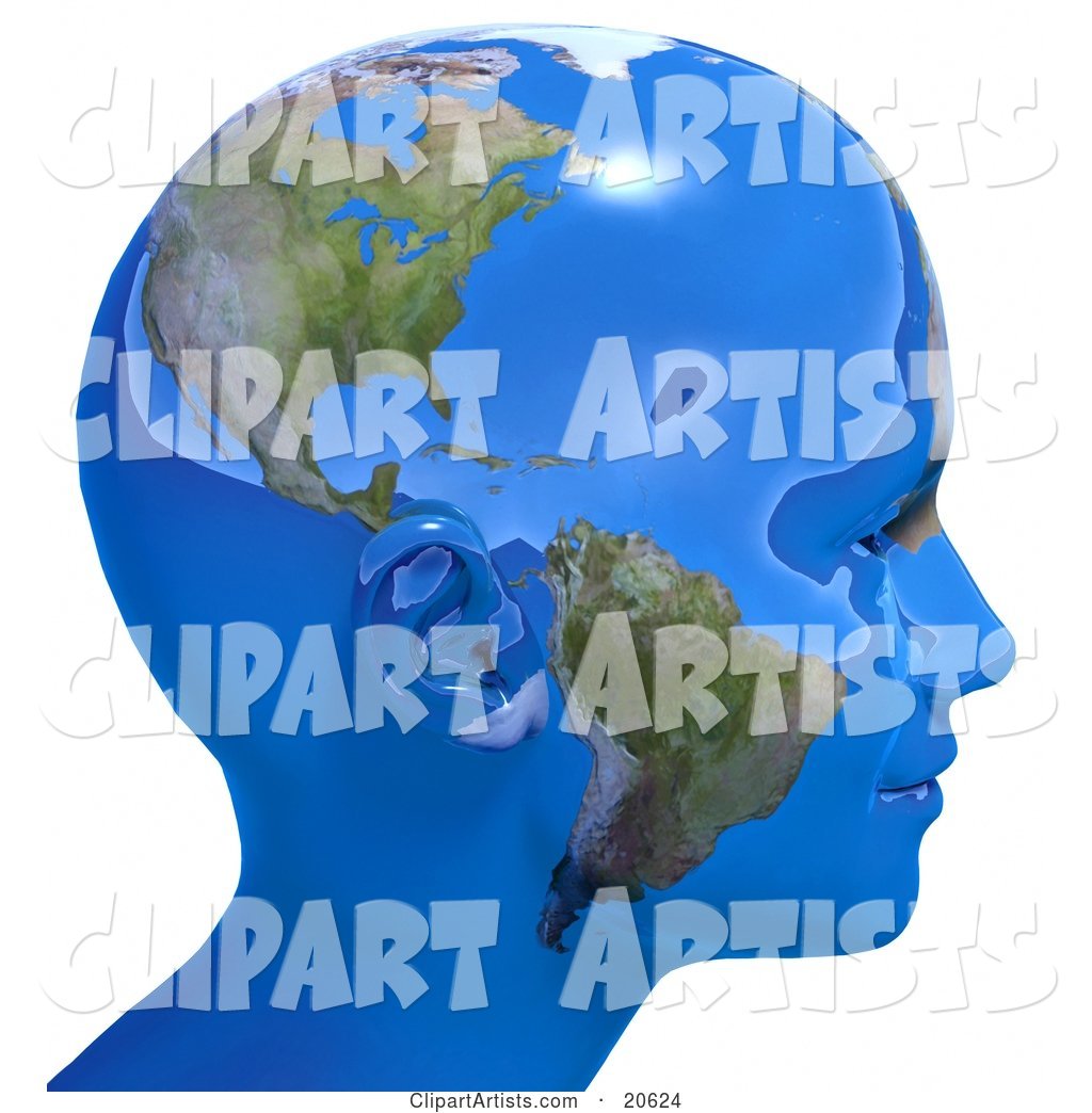 Person's Head in Profile, Covered in Blue Seas and Continents of Planet Earth