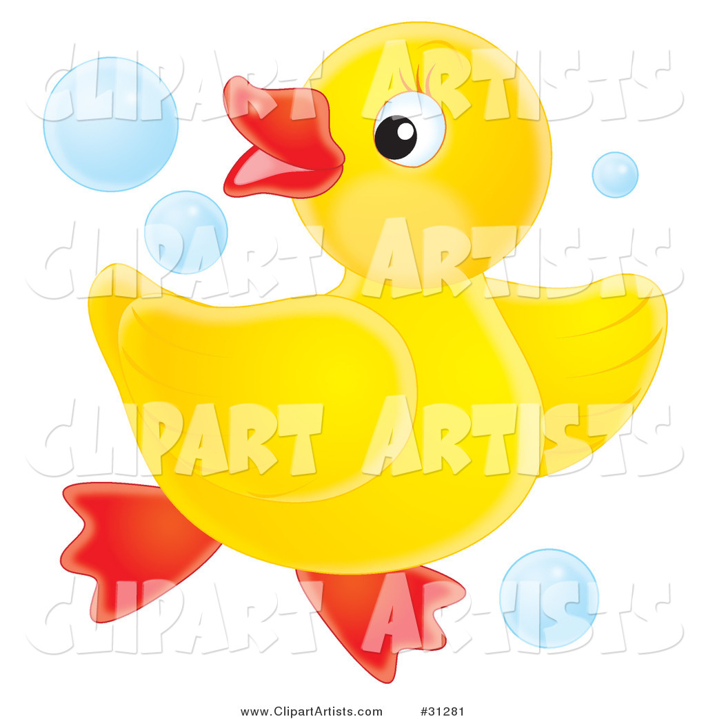 Playful Yellow Rubber Ducky Dancing in Blue Bubbles, on a White Background