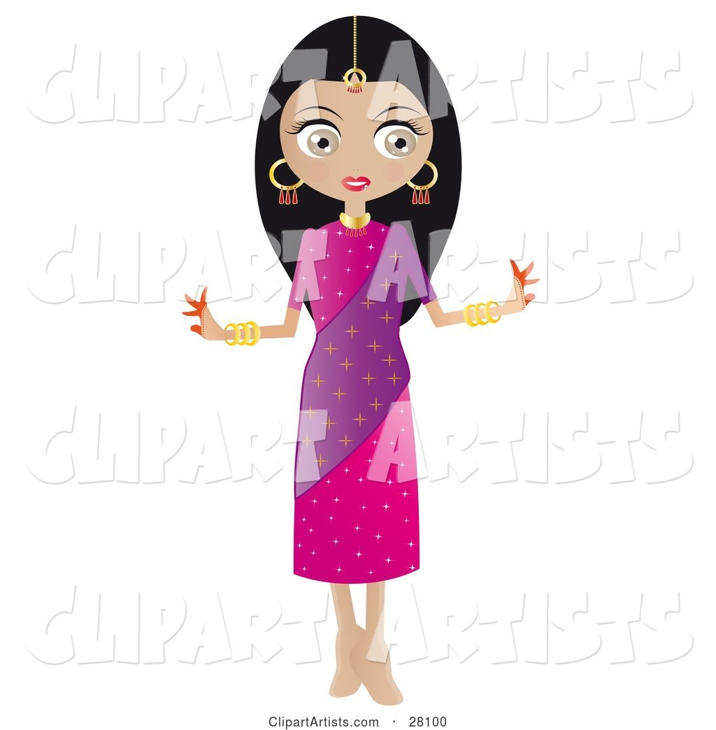 Pretty Black Haired Indian Bollywood Woman in a Pink and Purple Dress