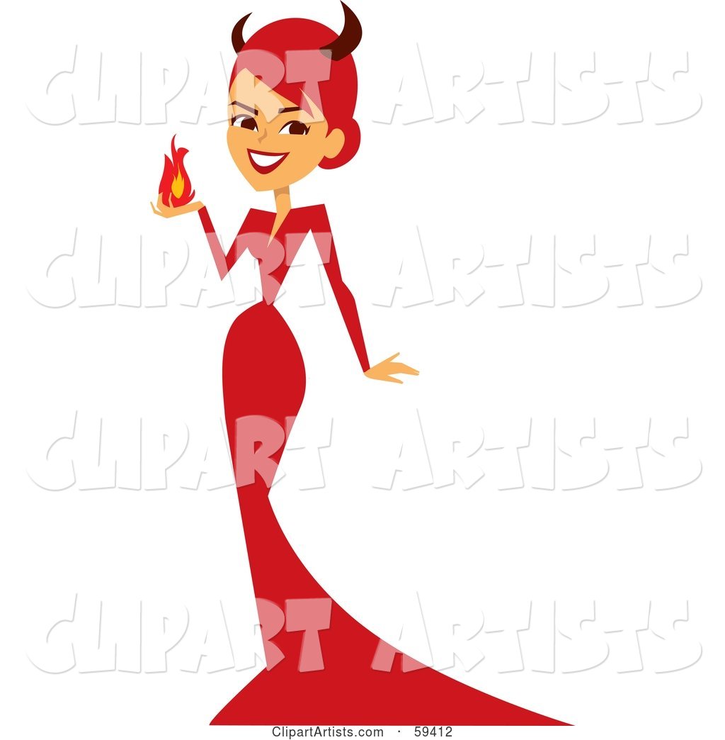 Red Haired Devil Woman in a Long Red Dress, Holding a Ball of Fire