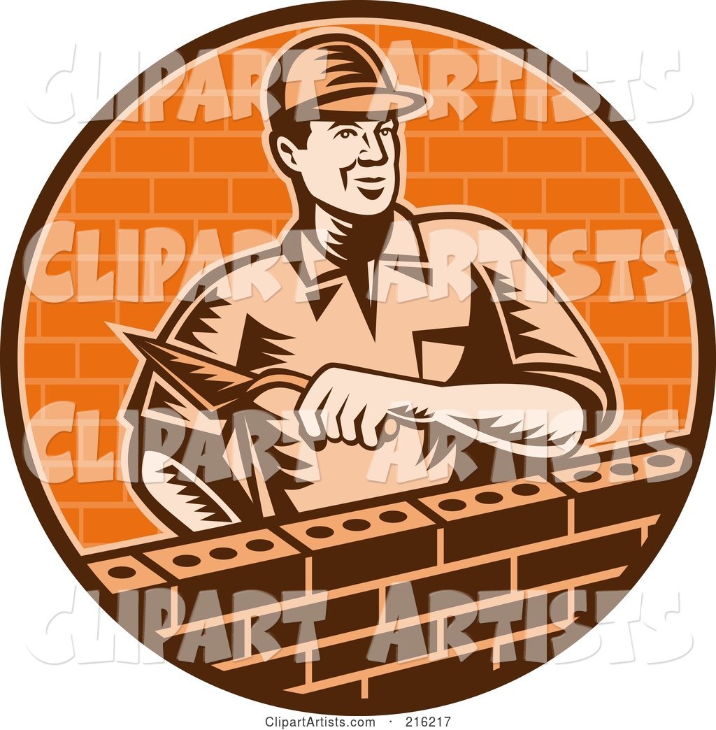 Retro Mason Laying a Brick Wall