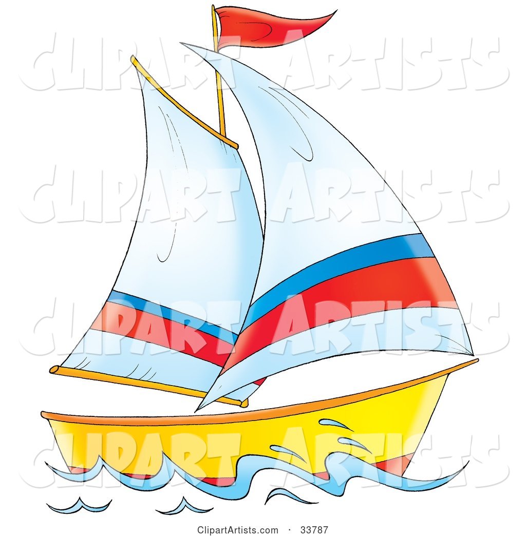 Sailing Boat with White, Red and Blue Sails and a Red Flag