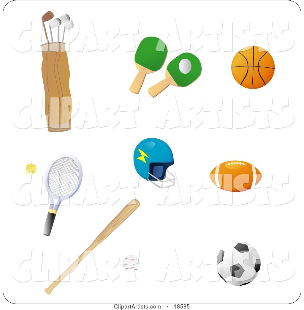 Set of Athletic Gear Including Golf Clubs, Ping Pong Paddles, a Basketball, Tennis Racket, Helmet, Football, Baseball and Bat and Soccer Ball
