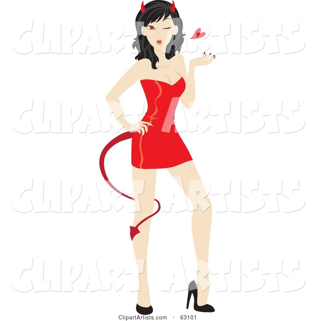 Sexy She Devil in a Short Red Dress, Blowing a Heart