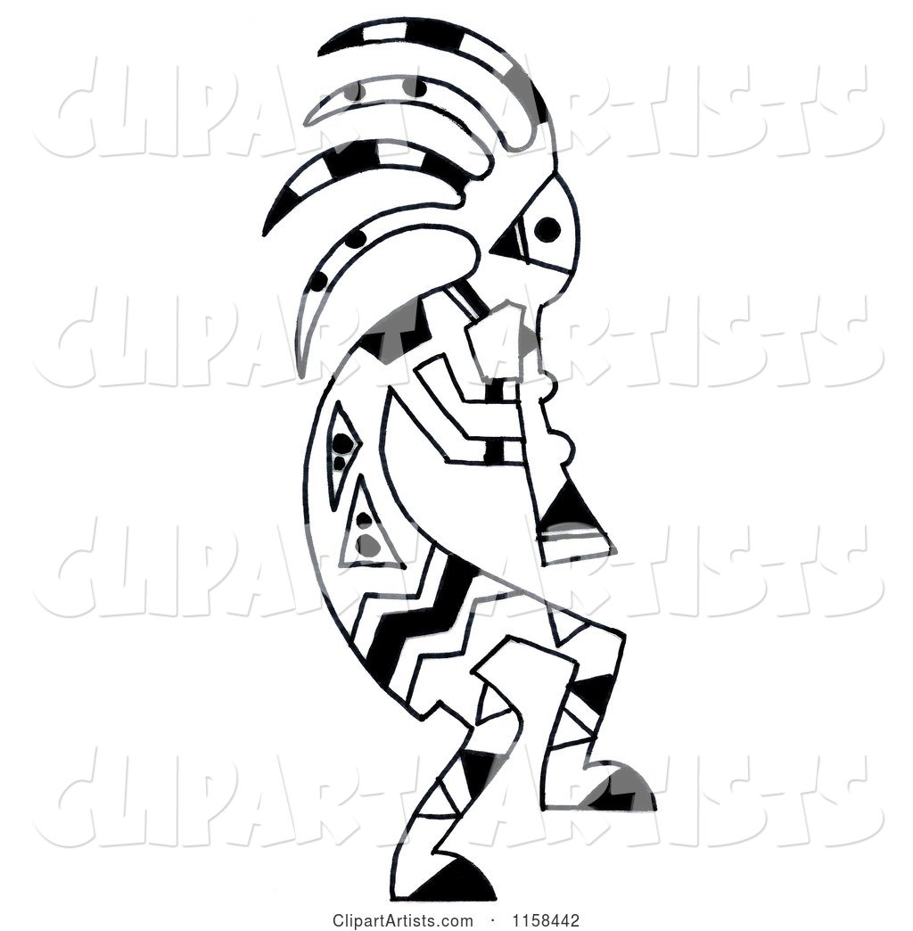 Sketched Black and White Kokopelli Flute Player