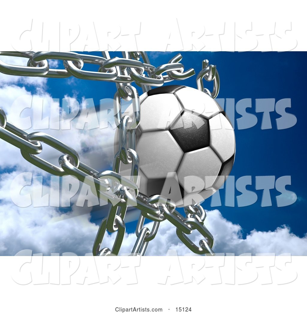 Soccer Ball Breaking Through Metal Chains While Making a Goal, Symbolizing Breaking Free, Strength, Victory, and Success