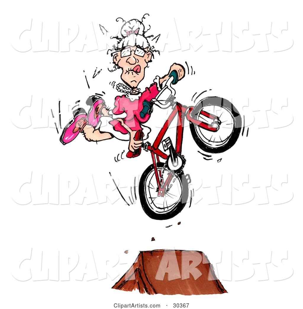 Spunky Old Granny in a Pink Dress, Doing a Seat Grab Stunt Trick While Catching Air off of a Ramp