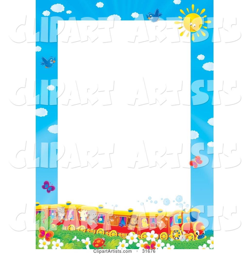 Stationery Border or Frame of a Train Full of Animals in a Field of Flowers and Butterflies