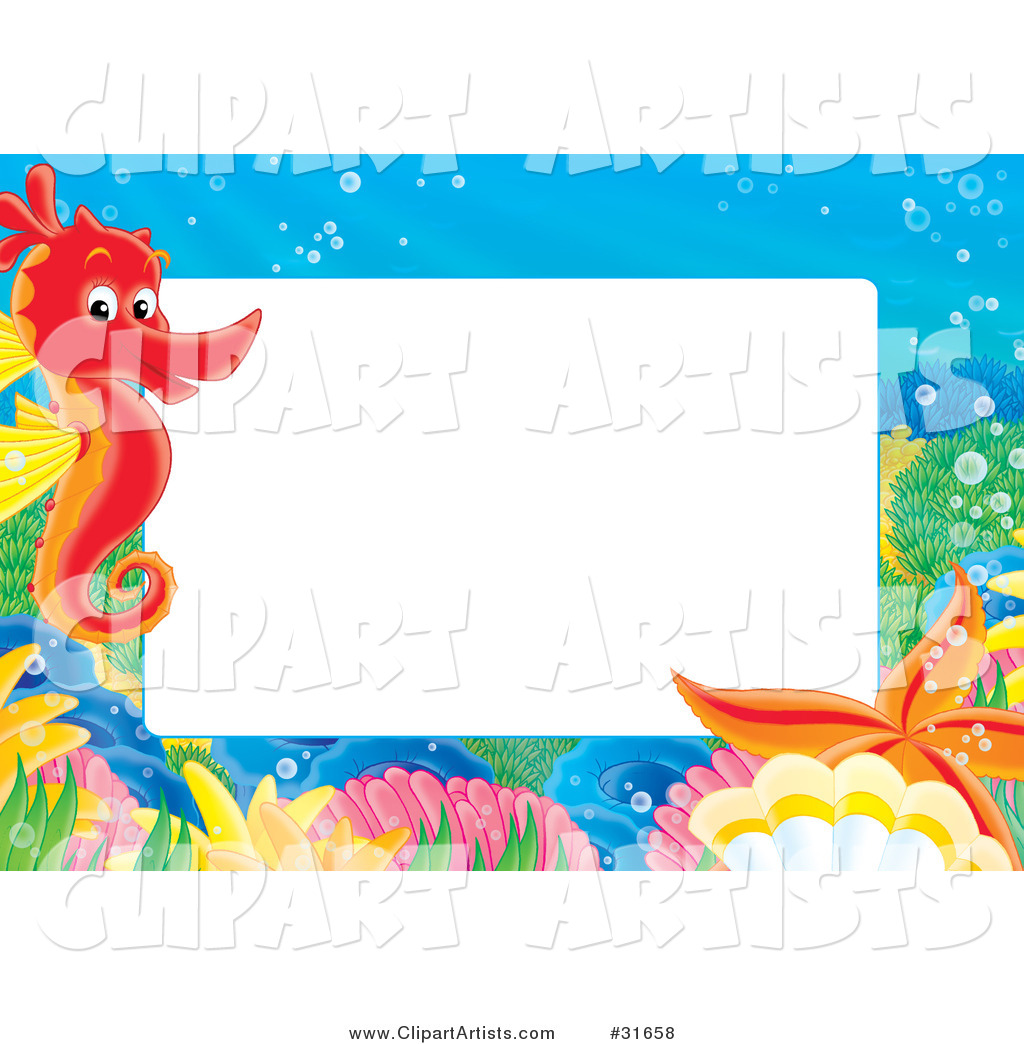 Stationery Border or Frame with a Red Seahorse, Shells and Starfish