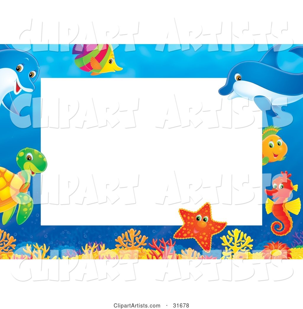 Stationery Border or Frame with Colorful Marine Fish, a Turtle, Starfish, Seahorse and Dolphins
