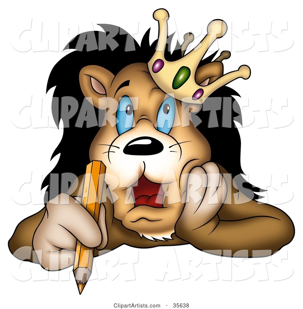 Stressed Lion King in a Crown, Holding a Pencil and Touching His Face