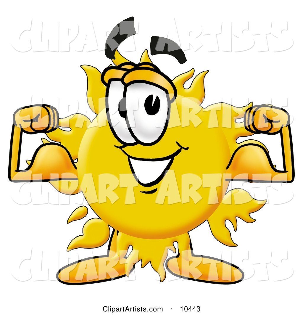 Sun Mascot Cartoon Character Flexing His Arm Muscles