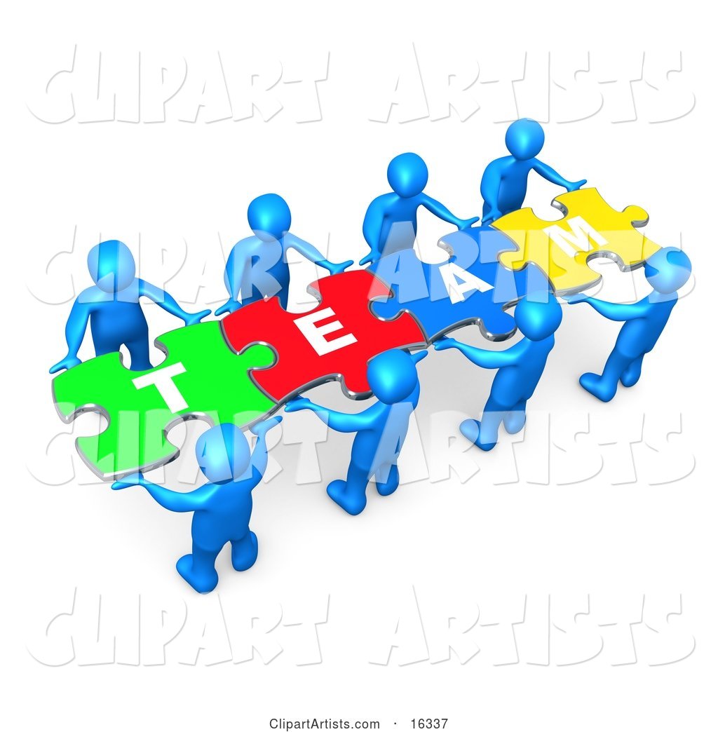 Team of 8 Blue People Holding up Connected Pieces to a Colorful Puzzle That Spells out "Team," Symbolizing Excellent Teamwork, Success and Link Exchanging