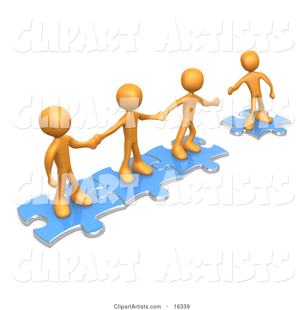 Team of Three Orange People Holding Hands and Standing on Blue Puzzle Pieces, with One Man Reaching out to Connect Another to Their Group