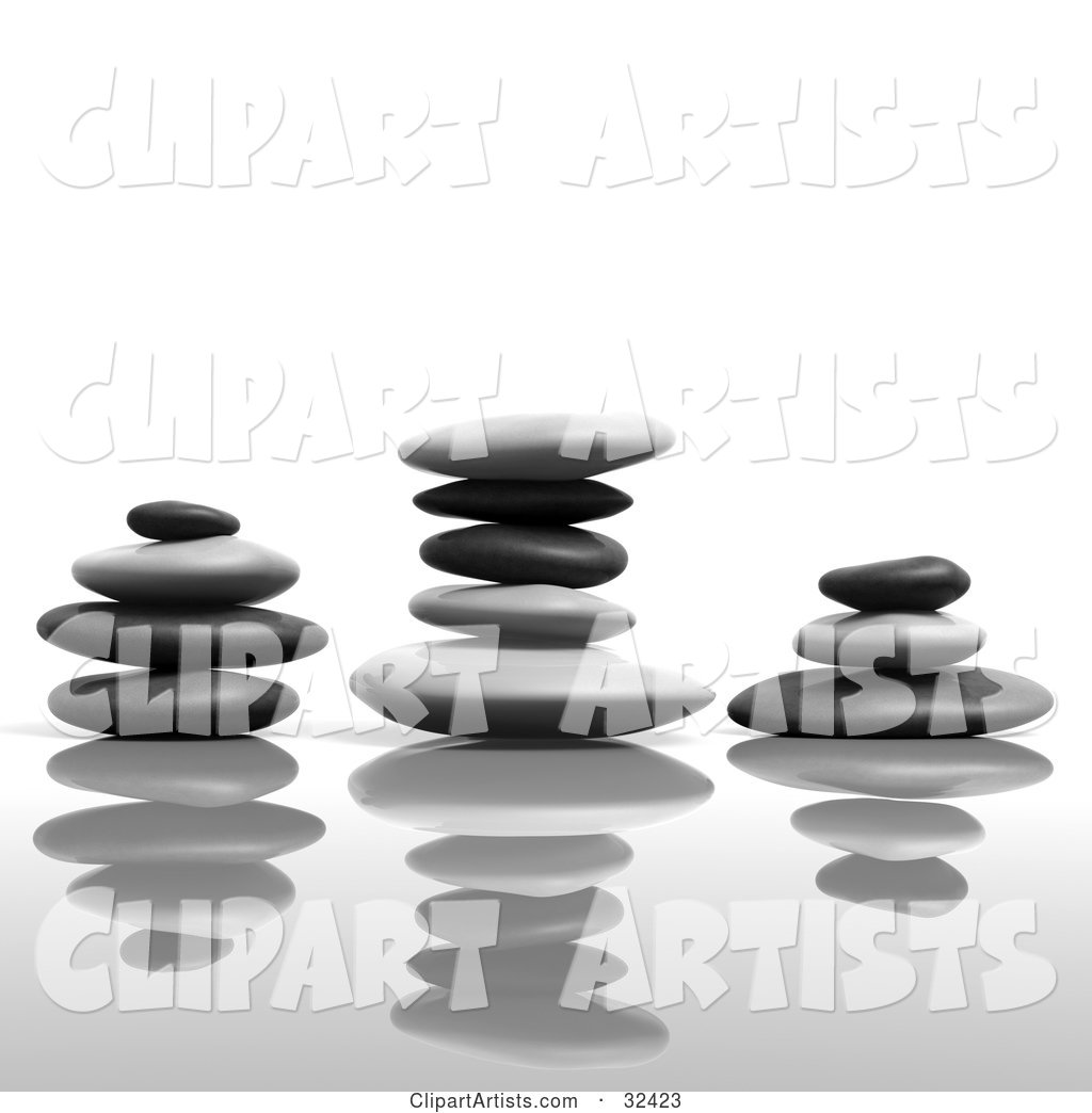 Three Balanced Stacks of Flat Stones with Reflections