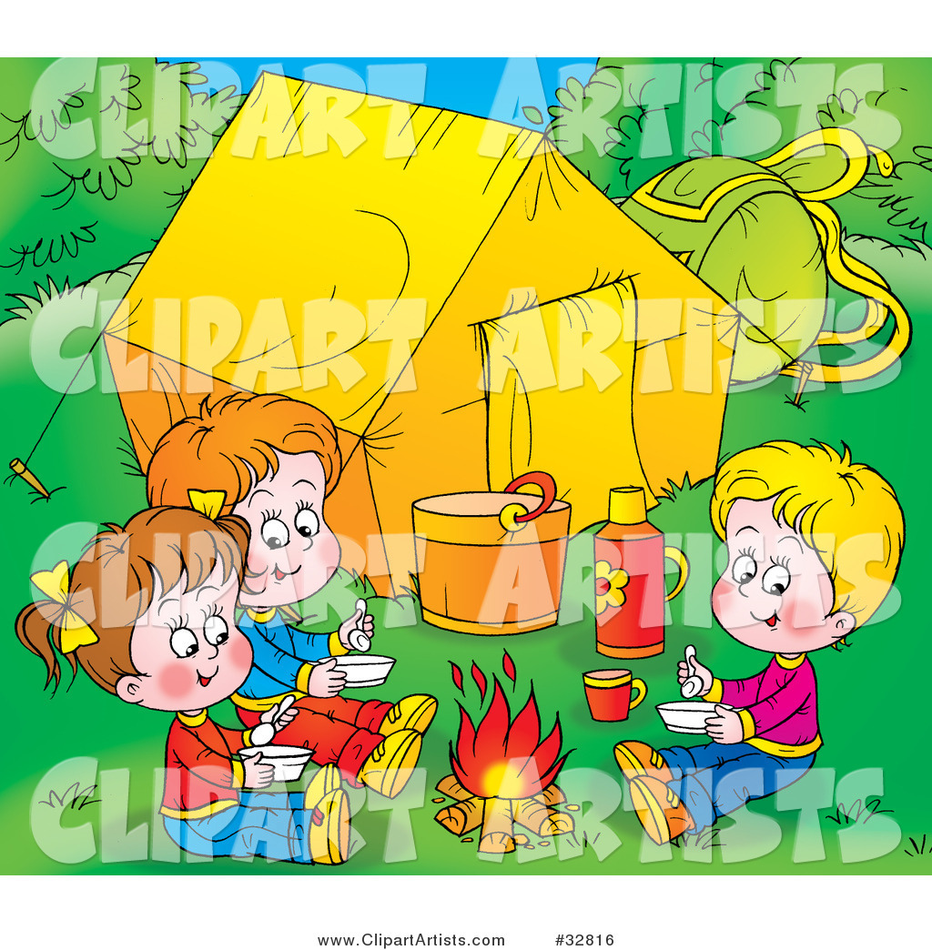 Three Children Warming up by a Campfire near Their Tent