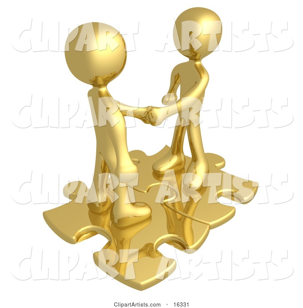 Two Gold People Shaking Hands While Standing on Connected Gold Puzzle Pieces, Symbolizing Teamwork, Deals, and Link Exchanges for Seo Website Marketing