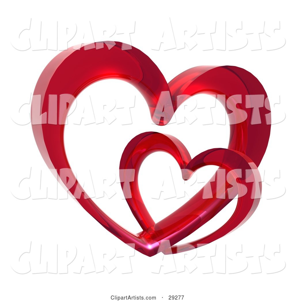 Two Red Glass Hearts Linked Together, One Smaller Than the Other, Symbolizing Love and Trust