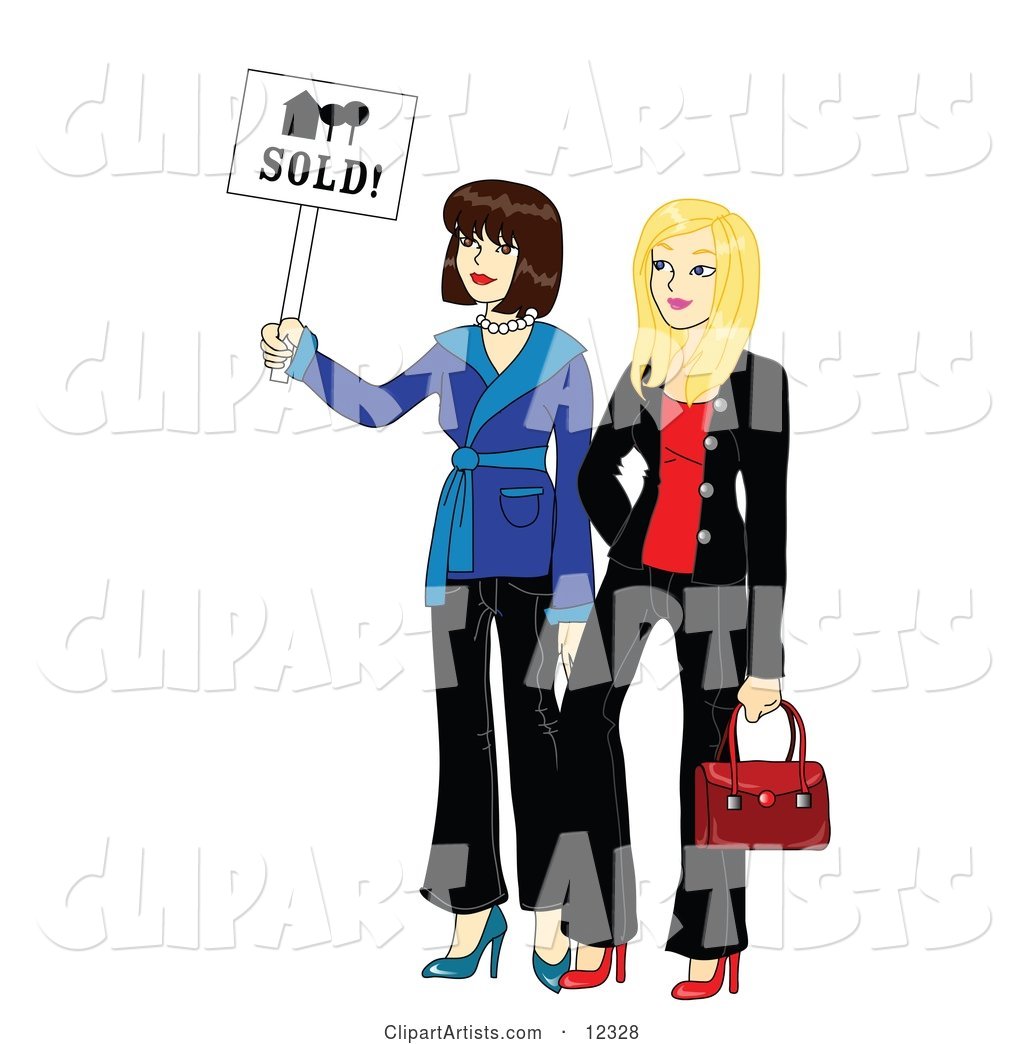 Two Young Beautiful Real Estate Agent Realtors Holding a Sold Sign