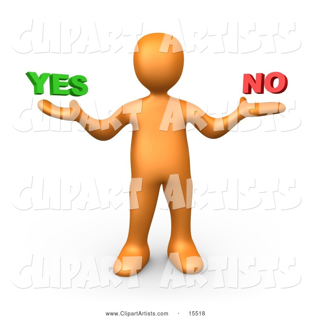 Uncertain Orange Person Shrugging and Weiging out the Options of Yes or No