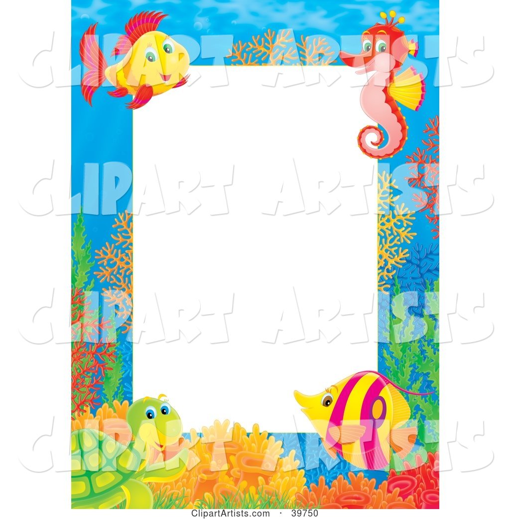 Underwater Stationery Border of a Friendly Sea Turtle, Tropical Fish, and Seahorse at a Coral Reef