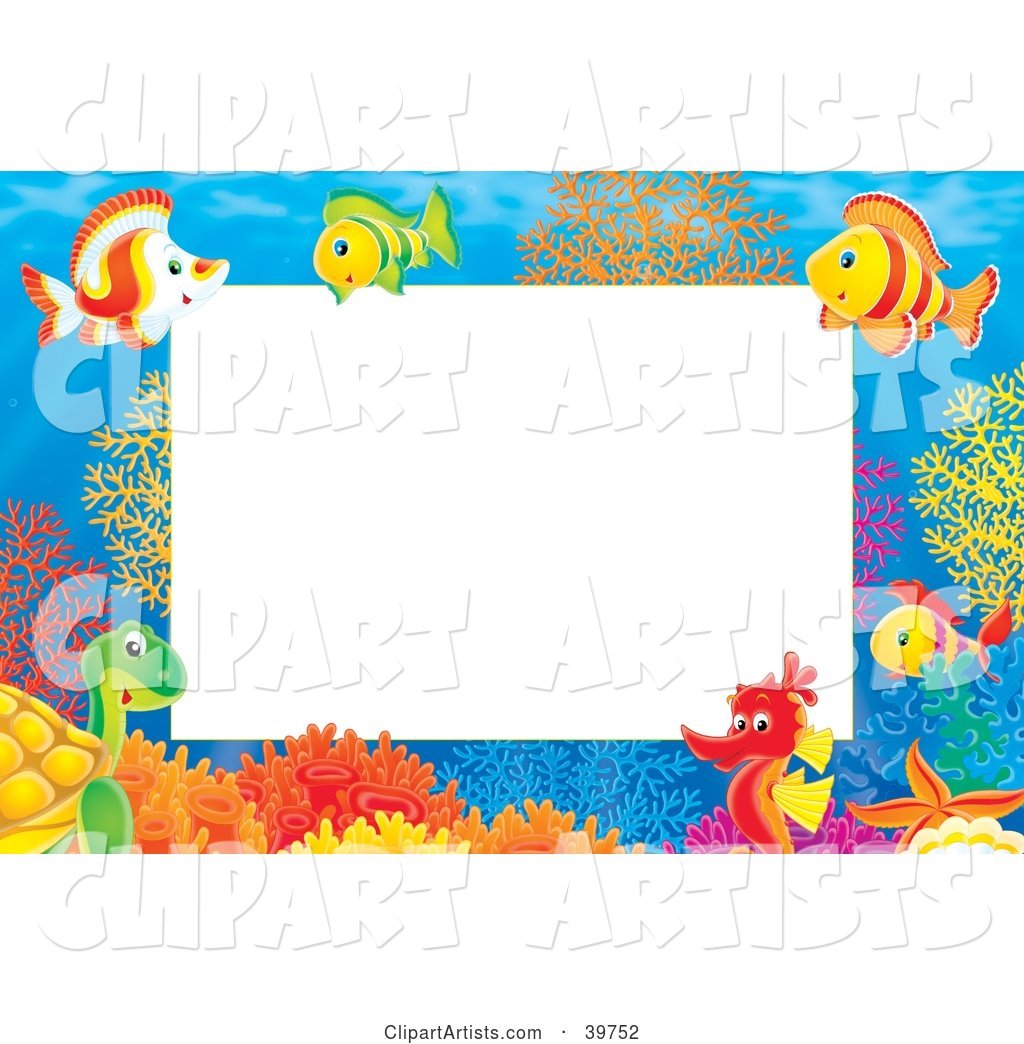 Underwater Stationery Border of a Seahorse, Turtle and Tropical at a Coral Reef