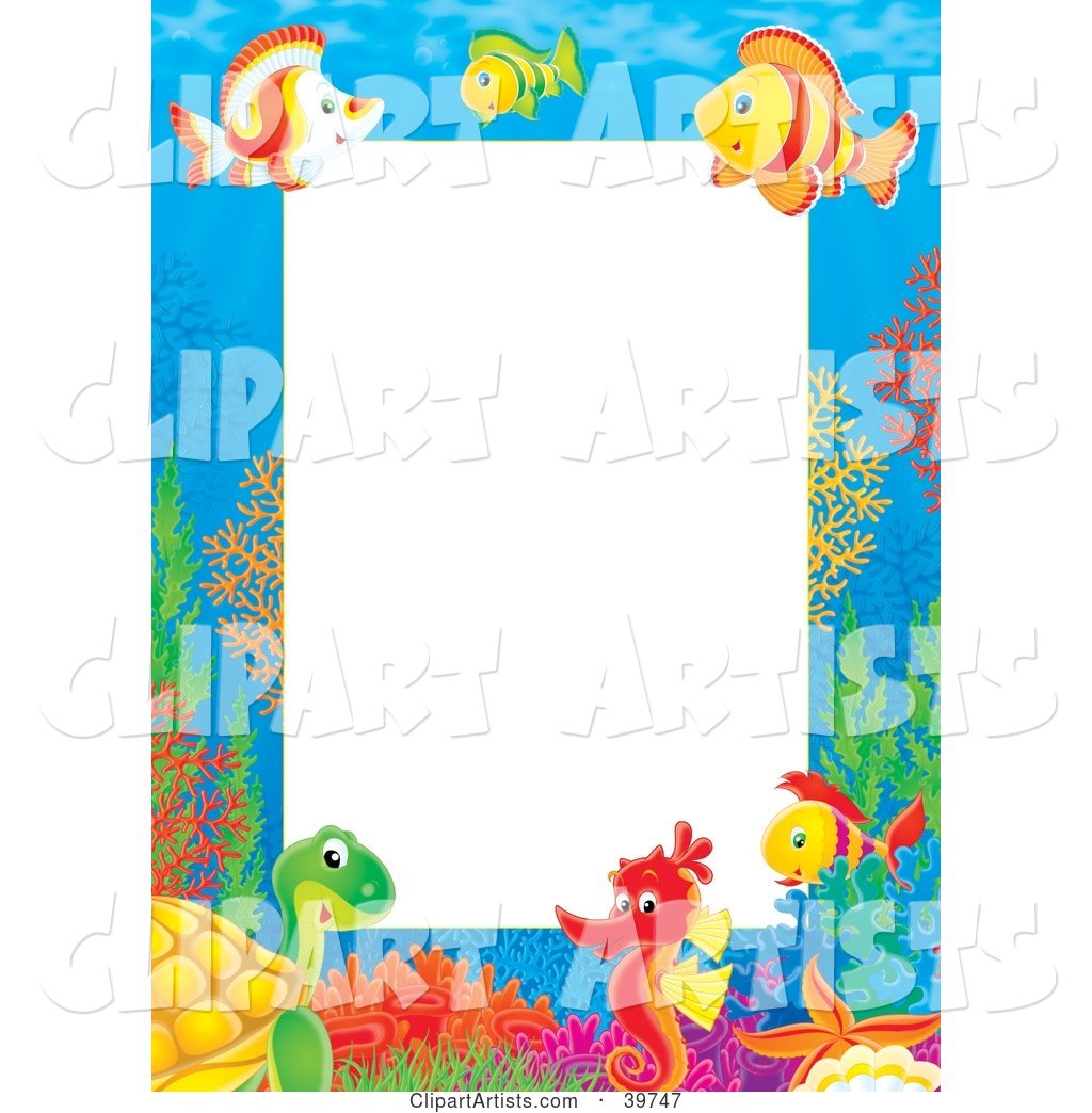 Underwater Stationery Border of Tropical Fish, Turtles and Seahorses Socializing