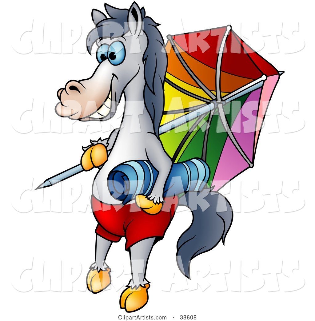 Vacationing Horse with a Towel and Umbrella on the Beach