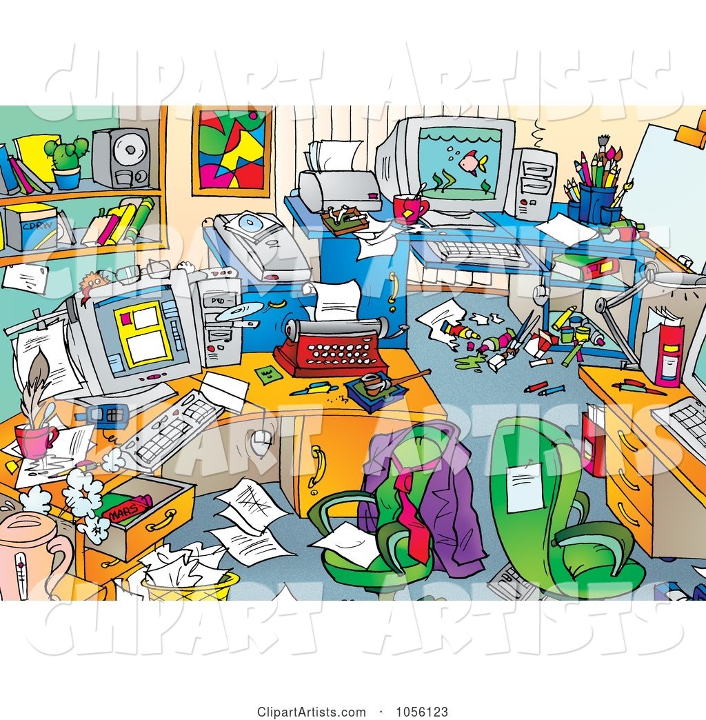 Very Messy Men's Office with Clutter on the Desks and Floors
