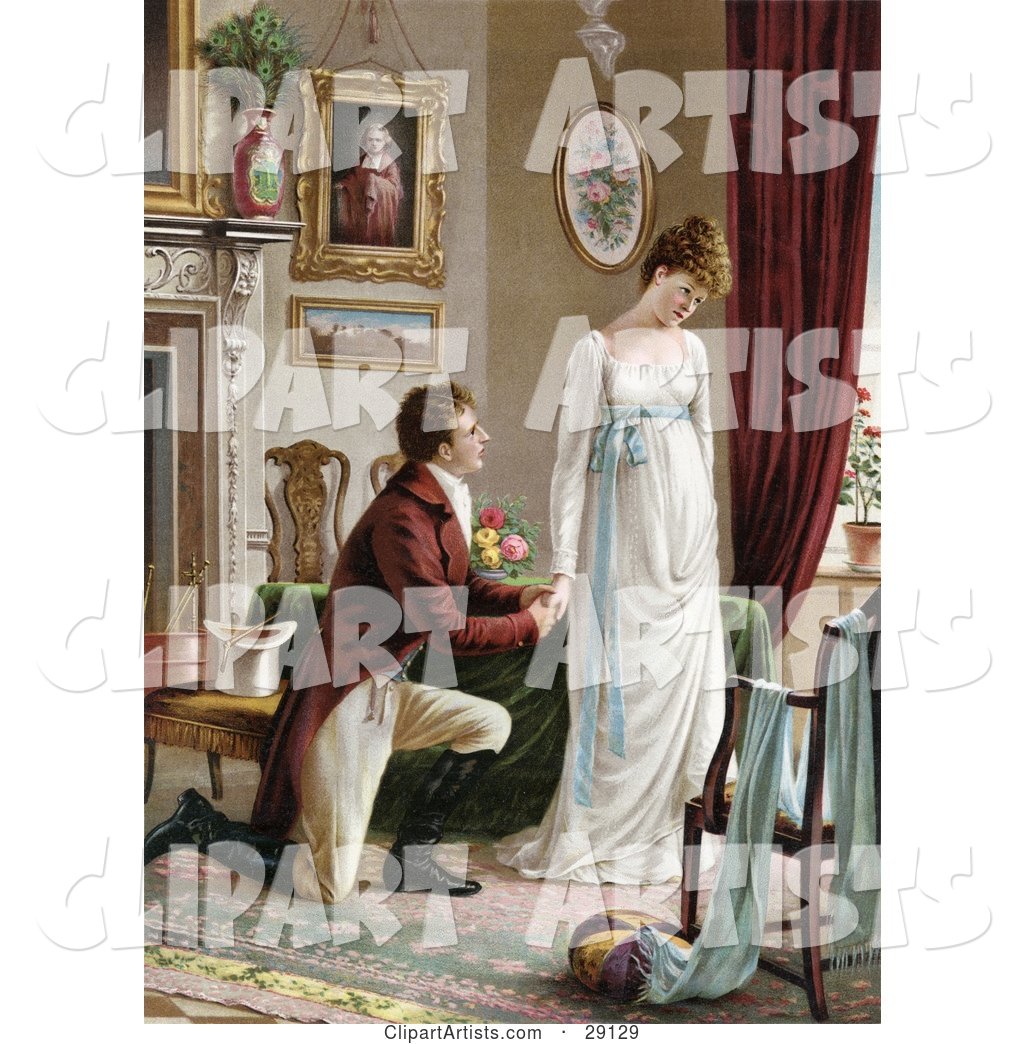 Vintage Victorian Scene of a Young Man on Bended Knee, Proposing to a Lovely but Pouty Young Lady in a Home Interior, Circa 1830
