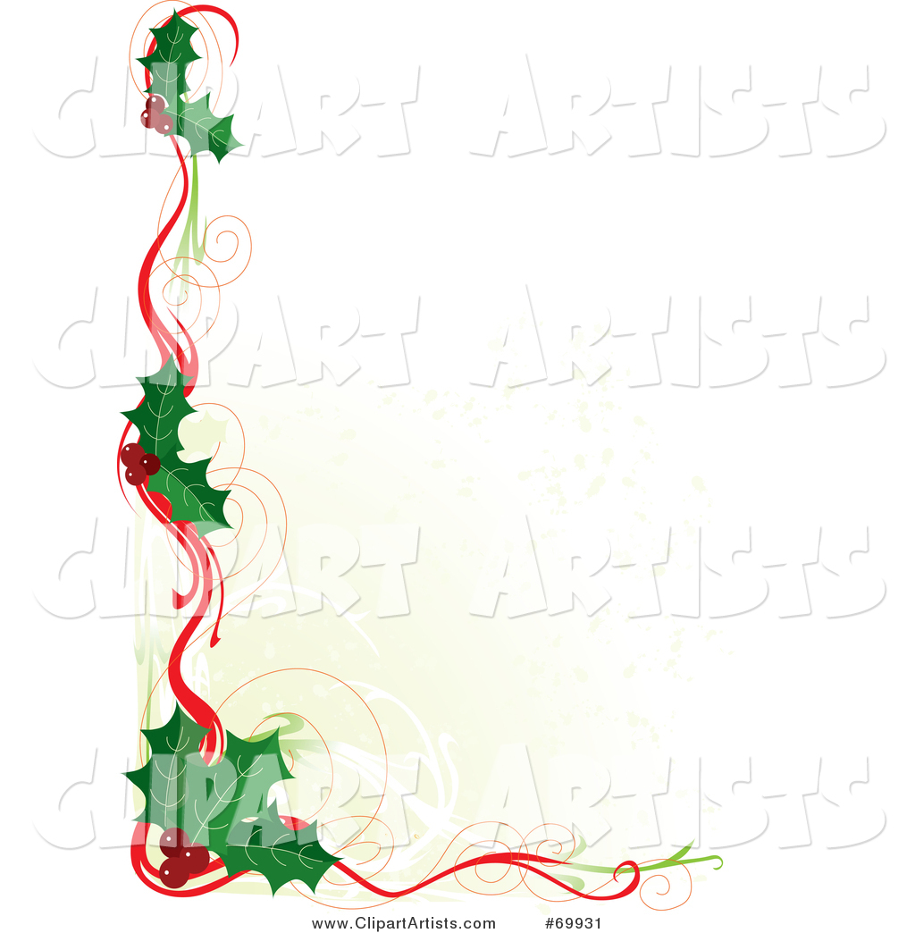 White Background Bordered in Christmas Holly and Ribbons