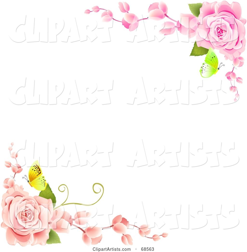 White Background with Corners of Pink Roses and Butterflies
