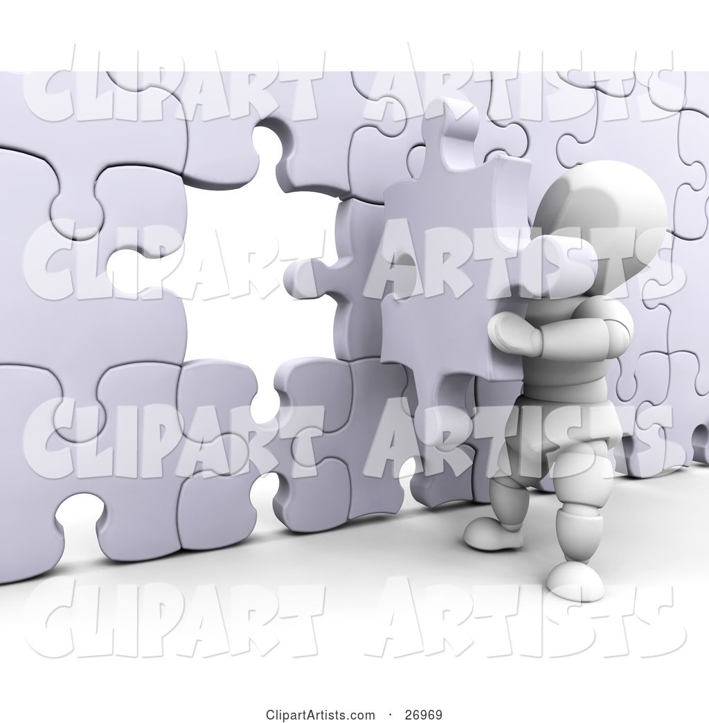 White Character Inserting the Final Jigsaw Puzzle Piece into a Wall