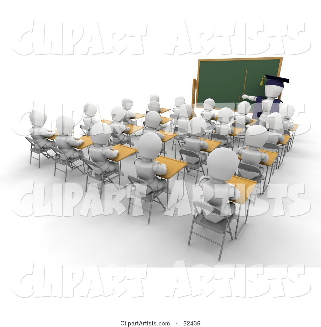 White Character Teacher in a Cap and Gown, Pointing to a Blank Chalkboard While Teaching a Full Class of School Students