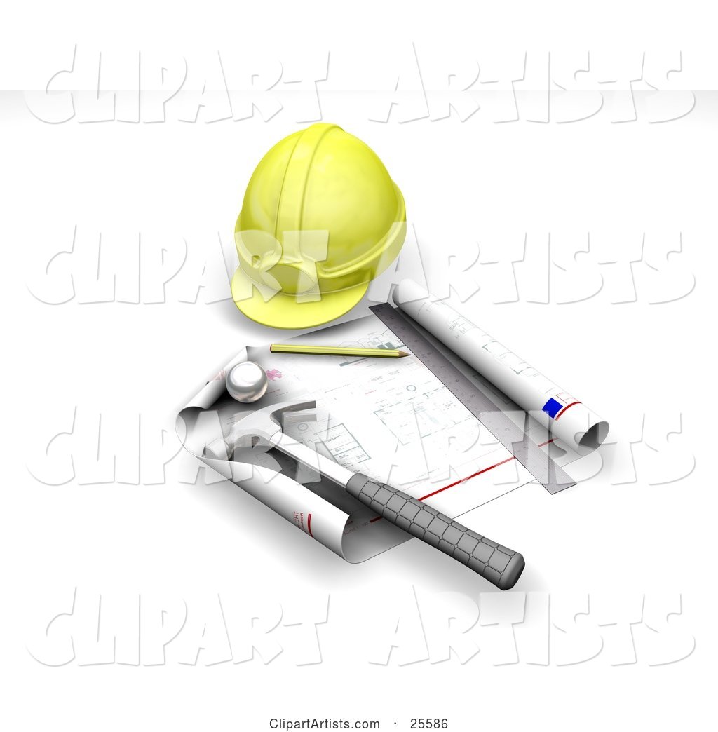 Yellow Hardhat, Blueprints, Ruler, Pencil and Hammer
