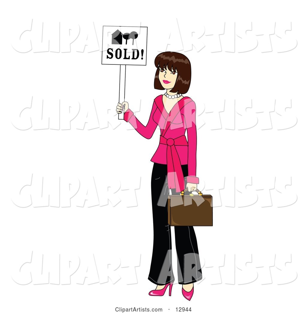 Young Beautiful Female Real Estate Agent Realtor Holding a Sold Sign and a Briefcase