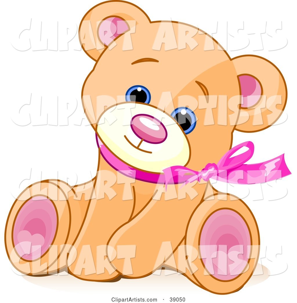 Adorable Brown Teddy Bear Wearing a Pink Ribbon, Tilting Its Head and Sitting