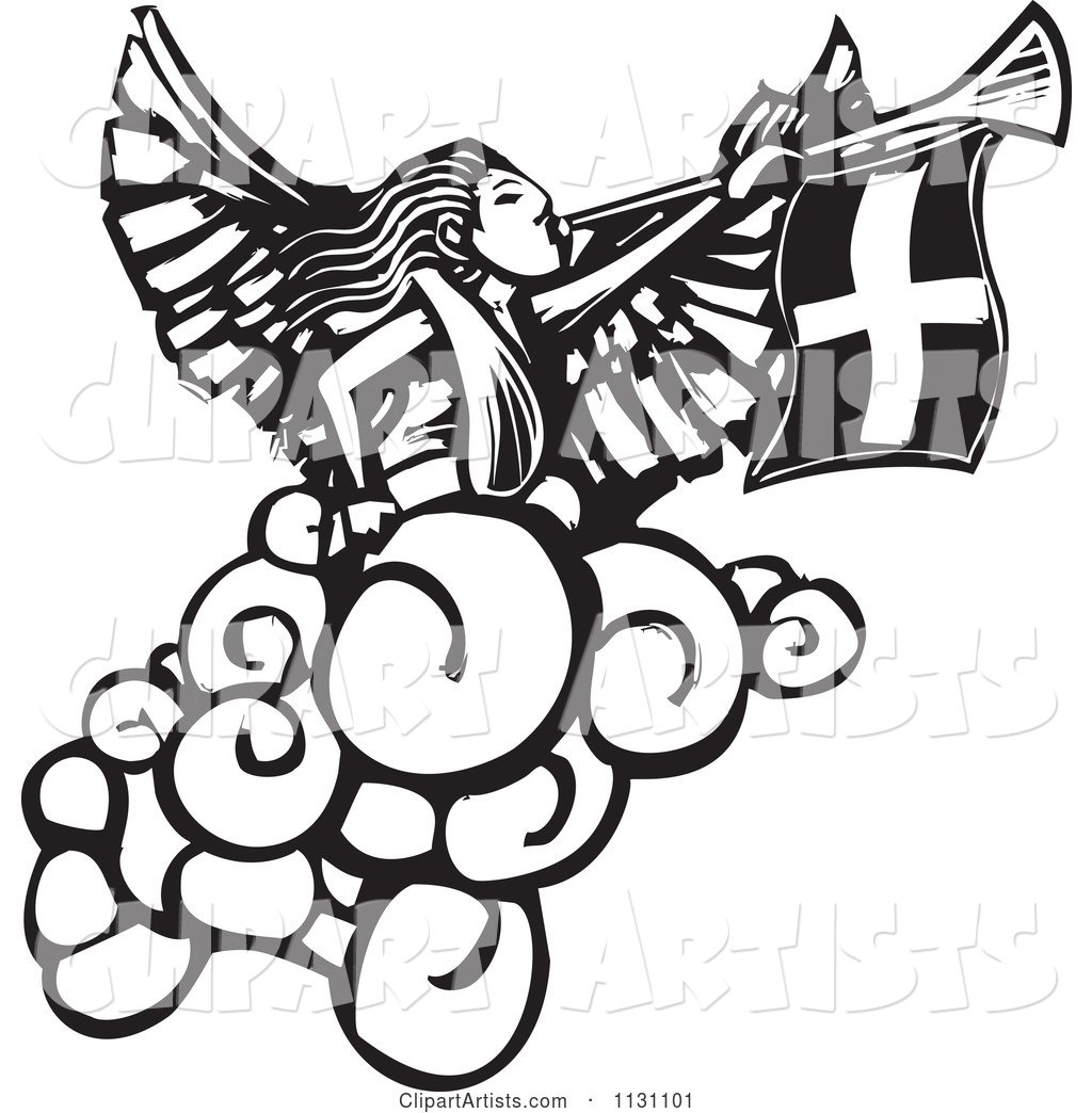 Angel Playing a Trumpet Black and White Woodcut