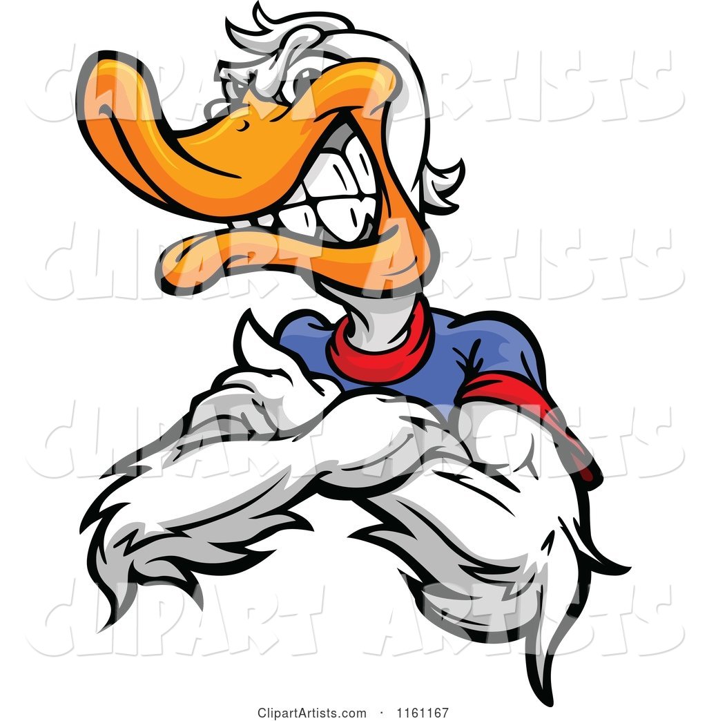 Angry Duck Mascot with Folded Arms over His T Shirt
