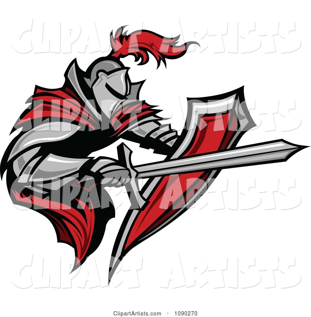 Armoured Knight with a Red Cape Shield and Sword