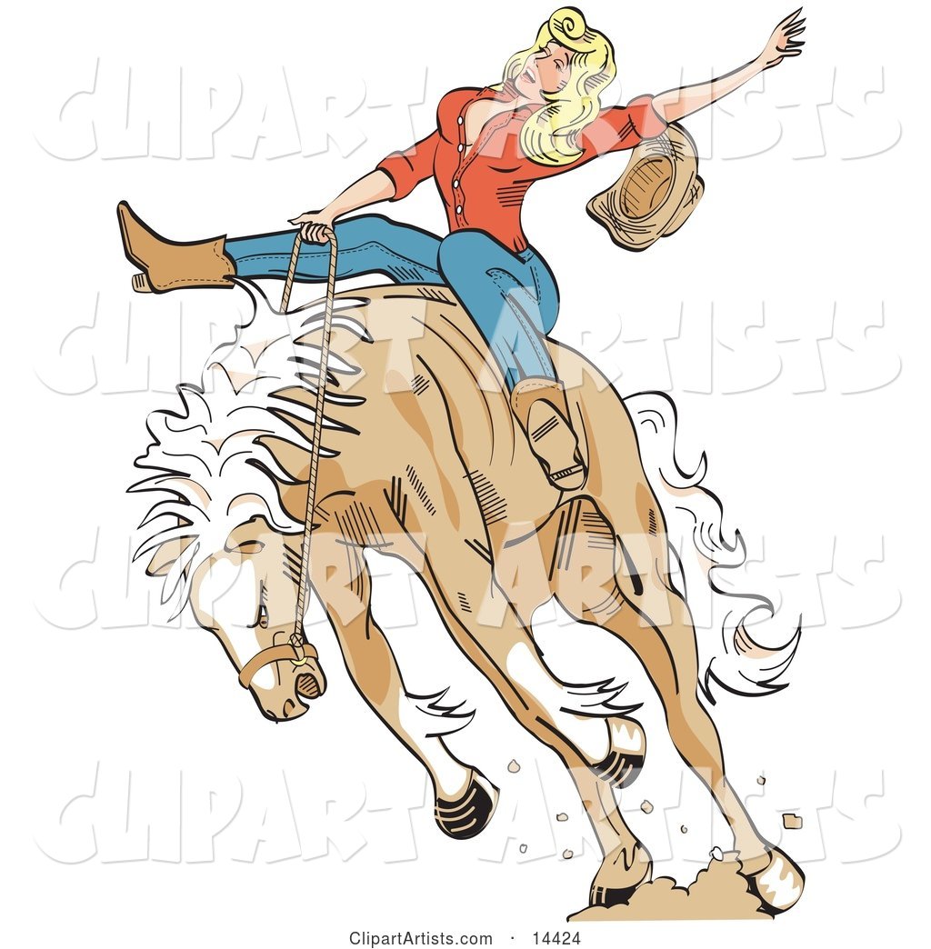Attractive Blonde Cowgirl Riding a Bucking Bronco Horse in a Rodeo