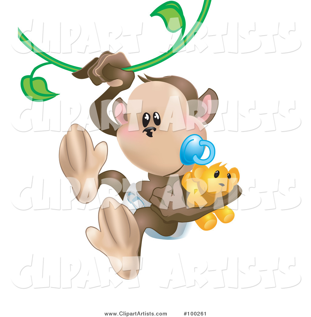 Baby Monkey with a Pacifier and Teddy Bear, Swinging on a Vine