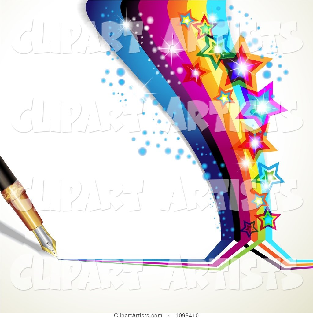Background of a Fountain Pen Drawing a Rainbow with Colorful Sparkly Stars